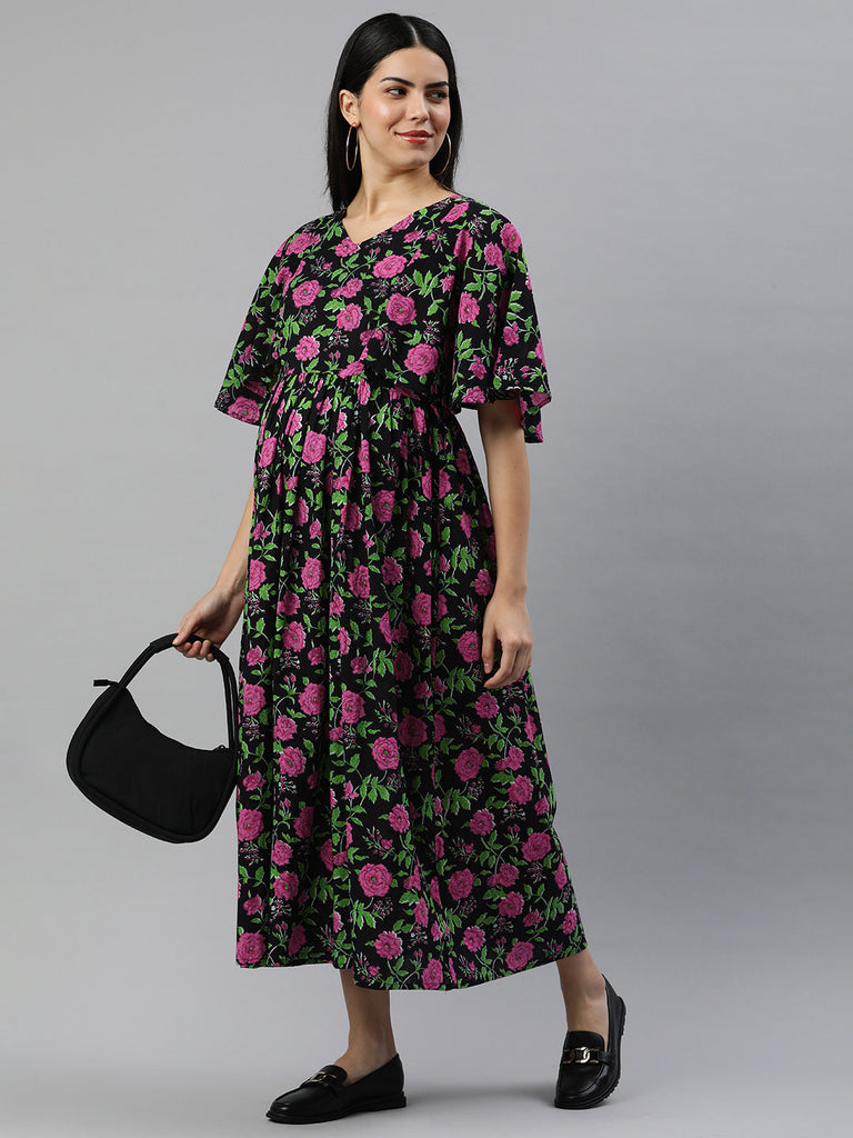 Black Floral Print Gathered Flared Sleeve Maternity Fit & Flare Midi Dress