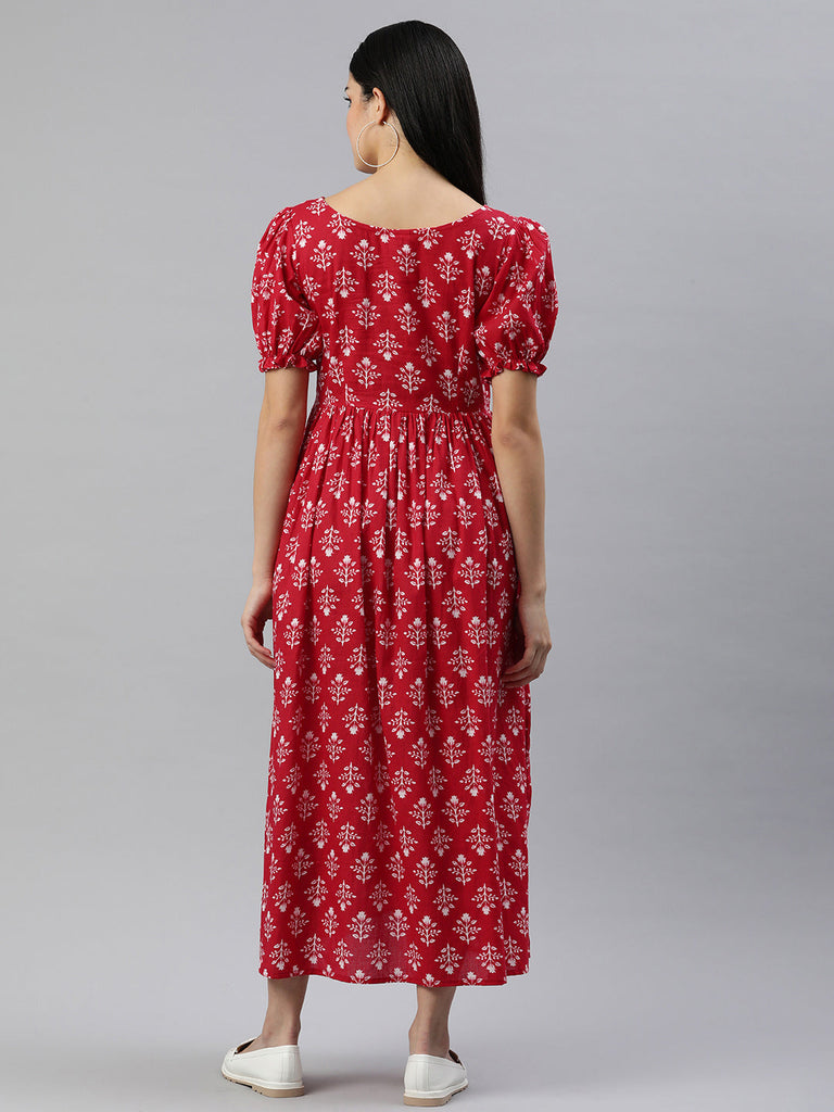Red Floral Print Puff Sleeve Maternity Fit & Flare Maxi Dress