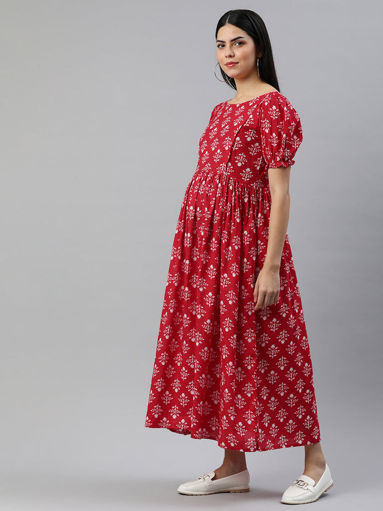 Red Floral Print Puff Sleeve Maternity Fit & Flare Maxi Dress