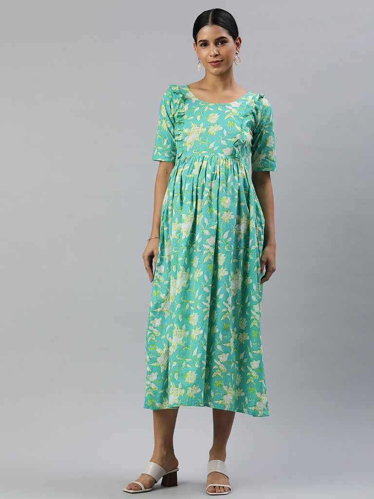 Sea Green Floral Print Gathered Maternity Fit & Flare Midi Dress
