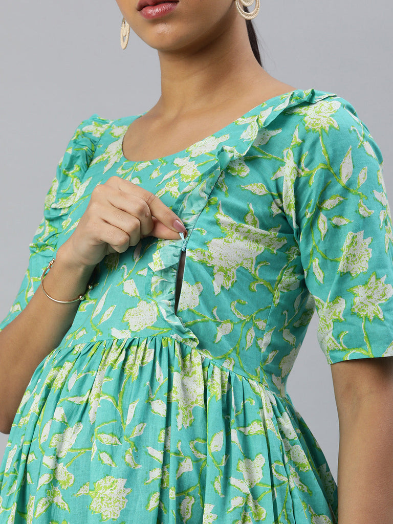 Sea Green Floral Print Gathered Maternity Fit & Flare Midi Dress