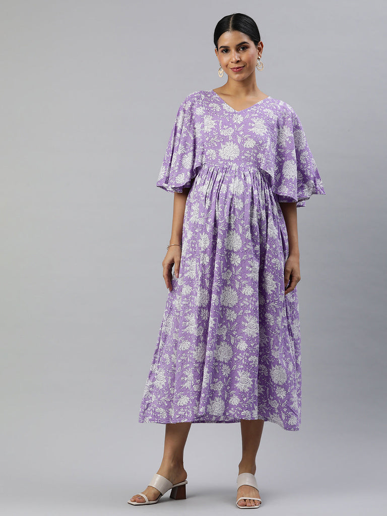 Lavender Floral Print Gathered Flared Sleeve Maternity Fit & Flare Midi Dress