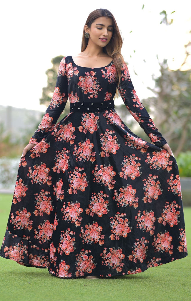 Floral slash neck long sleeve ruffle print summer dress – pavol india