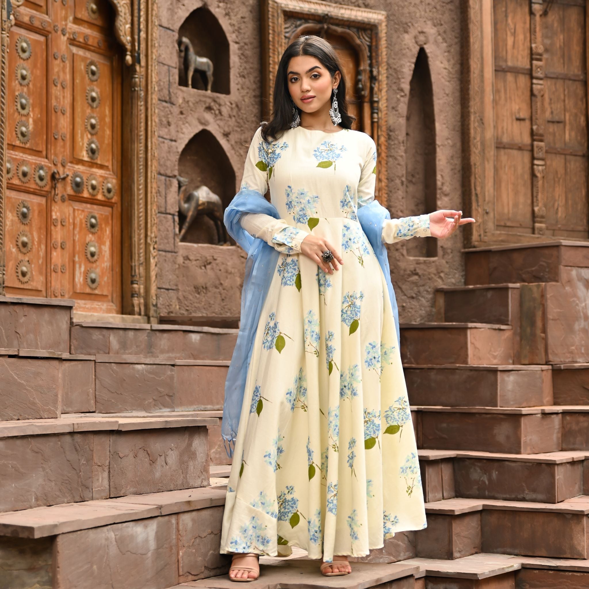 A Pure Dull Silver Tissue Anarkali With Pant