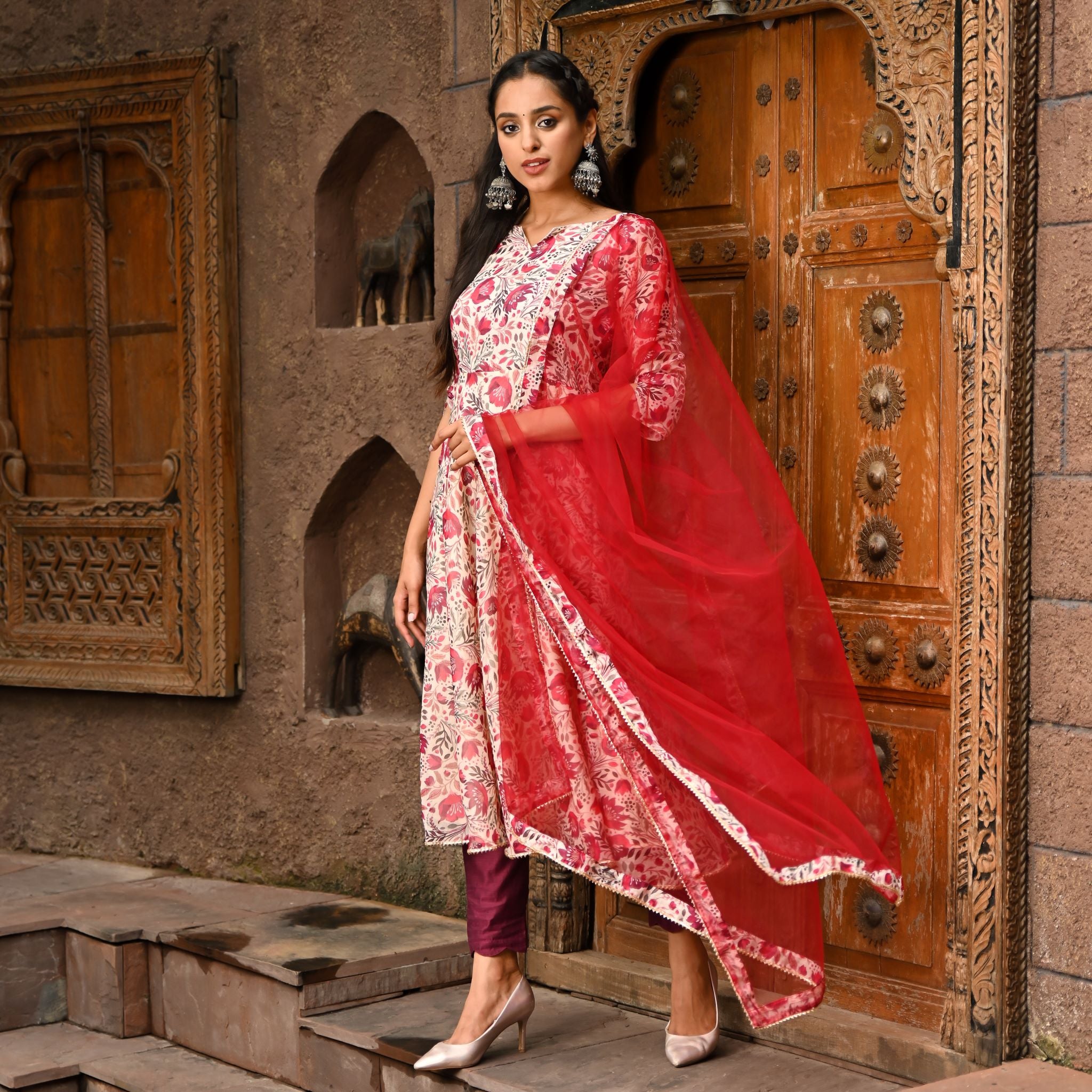 Buy Red Embroidered Festive Kurta With Culottes And Mesh Dupatta Online - W  for Woman